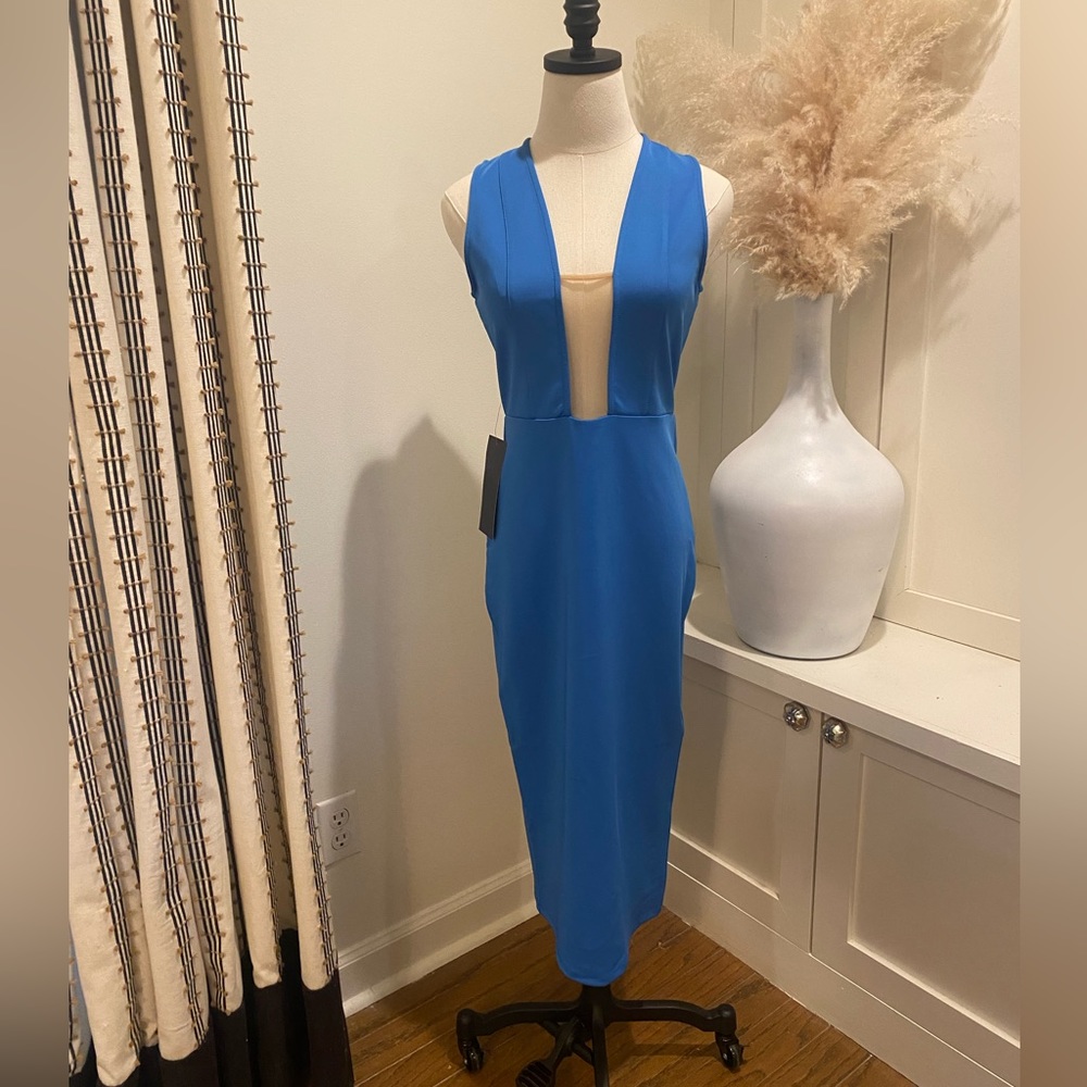 Bebe Illusion Mesh Scuba Dress in Princess Blue NWT